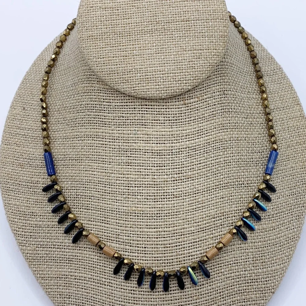 Blue, gold, wood and peacock iridescent faceted dainty Briolette bead necklace